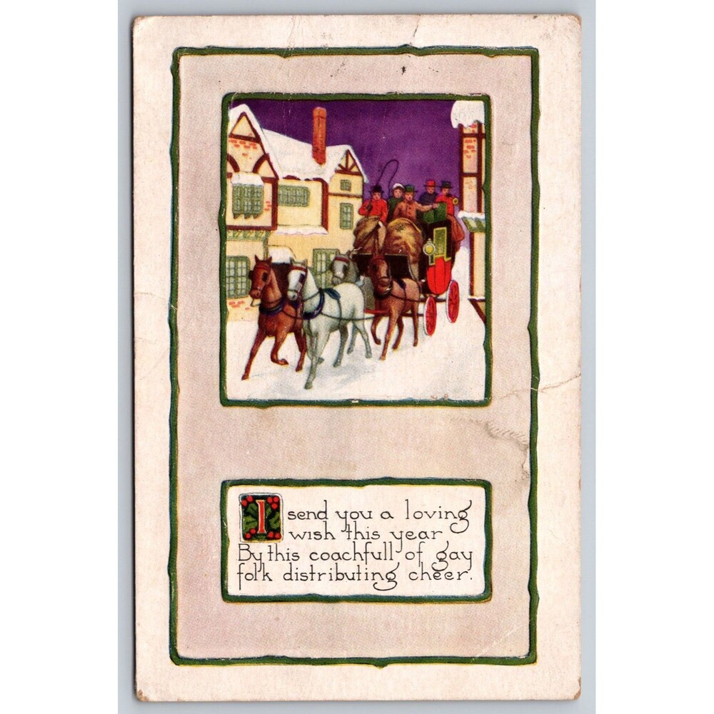 1920 Vintage Christmas Postcard Coach Horses Winter Snow Cambridge Nebraska